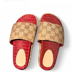 Gucci Beige and Red Slide Sandals